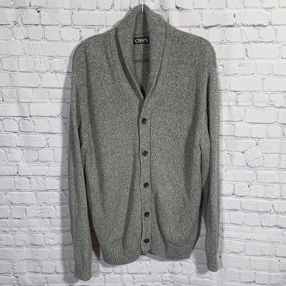 Chaps Mens Knit Cardigan Shawl Collar Gray Sz L Academia Old Money Preppy Cotton - Picture 1 of 6